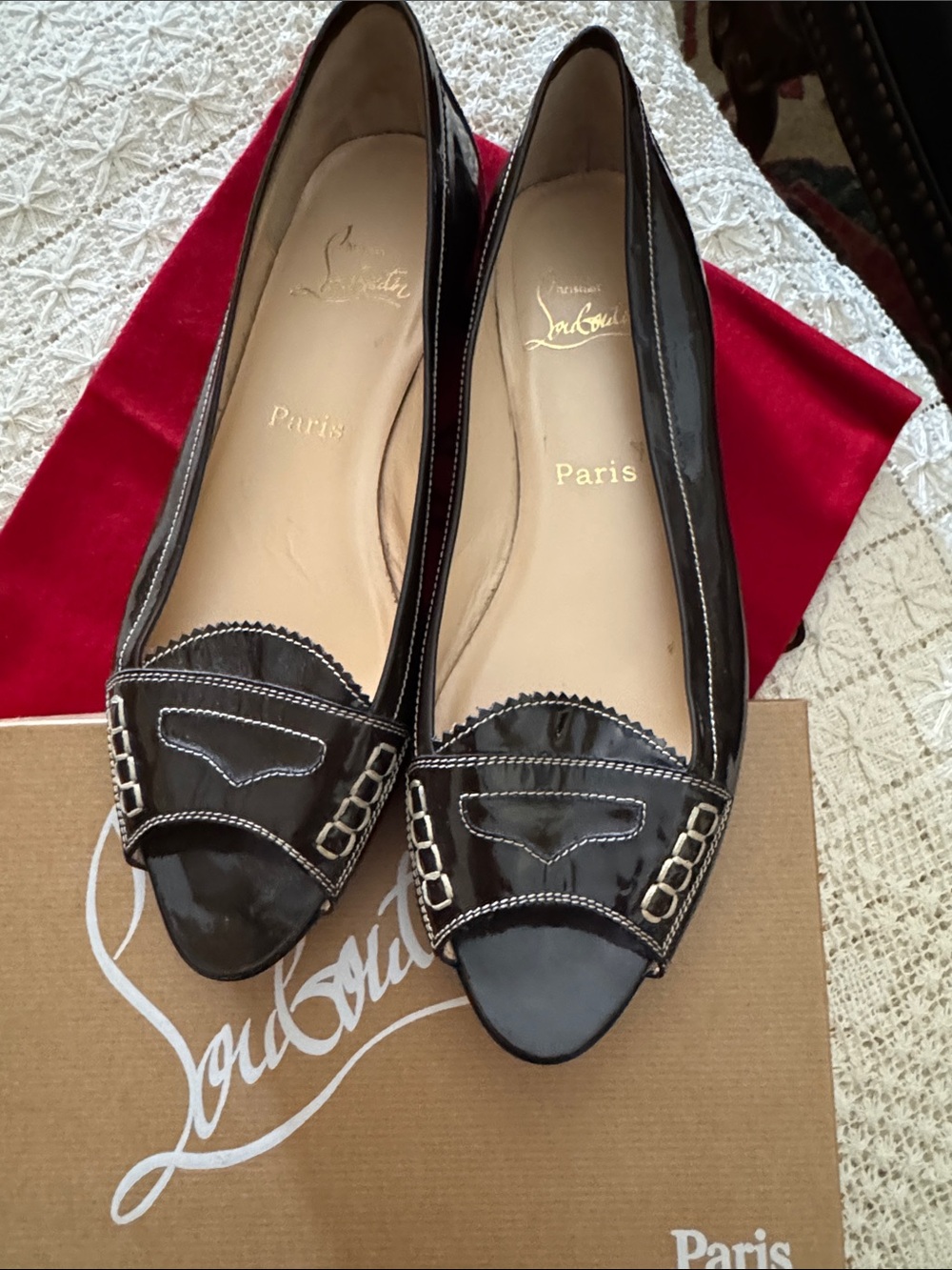 Christian Louboutin Black Patent Leather Open Toe Loafers with Thread Detail - Picture 4 of 4